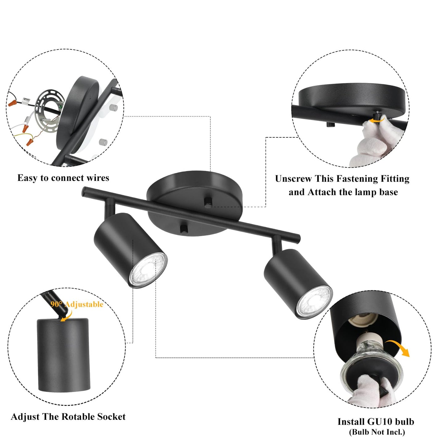 Vrbgify Matte Black LED 2 Light Track Lighting Kit 2 Way Adjustable Ceiling Spotlights GU10 Base Rotates 350 Degrees 4.7 in Canopy 1 Kit