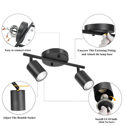 Vrbgify Matte Black LED 2 Light Track Lighting Kit 2 Way Adjustable Ceiling Spotlights GU10 Base Rotates 350 Degrees 4.7 in Canopy 1 Kit
