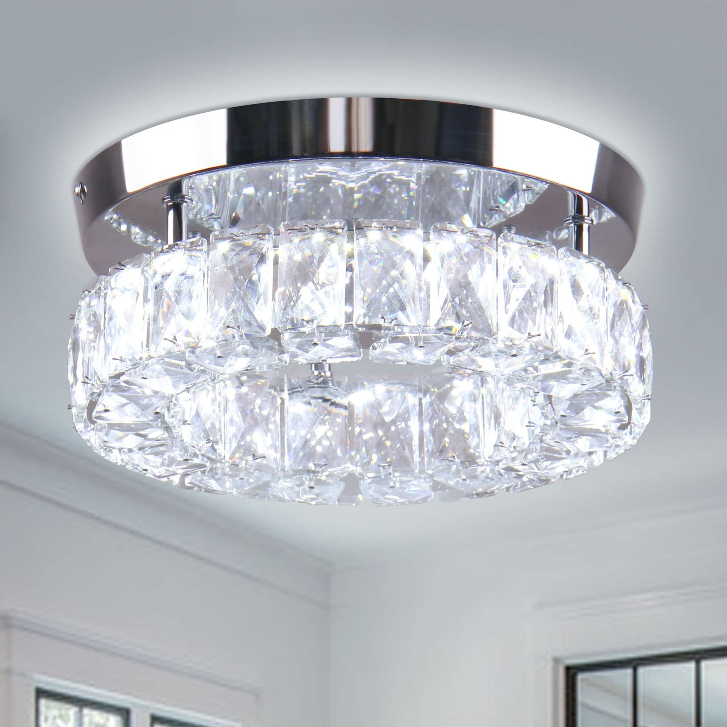 Vrbgify 1 Piece 9.8 inch Crystal Flush Mount Ceiling Light Fixture LED Integrated 16W Mini Round Chandelier for Kitchen Hallway Foyer