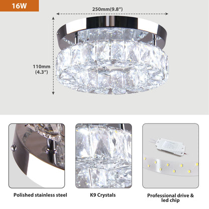 Vrbgify 1 Piece 9.8 inch Crystal Flush Mount Ceiling Light Fixture LED Integrated 16W Mini Round Chandelier for Kitchen Hallway Foyer