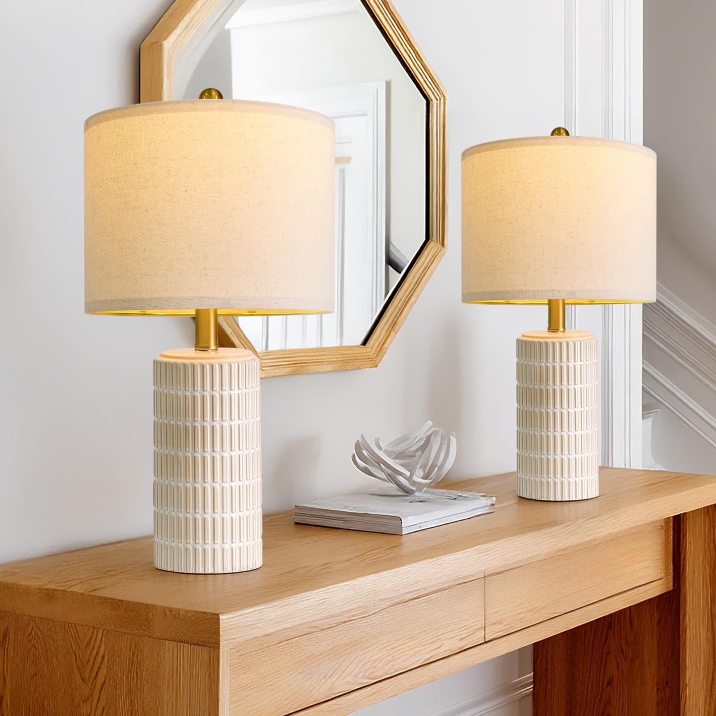 Vrbgify 20.75 Inch Small Modern Ceramic Table Lamps Set of 2 Beige Bedroom Nightstand Lamps Farmhouse Desk Decor for Living Room