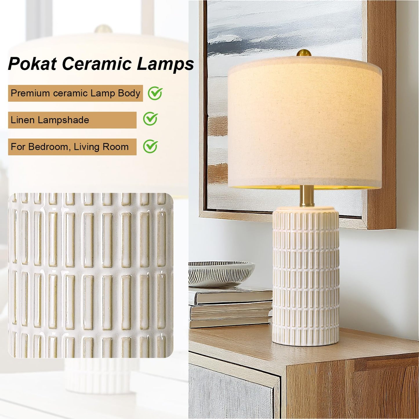 Vrbgify 20.75 Inch Small Modern Ceramic Table Lamps Set of 2 Beige Bedroom Nightstand Lamps Farmhouse Desk Decor for Living Room