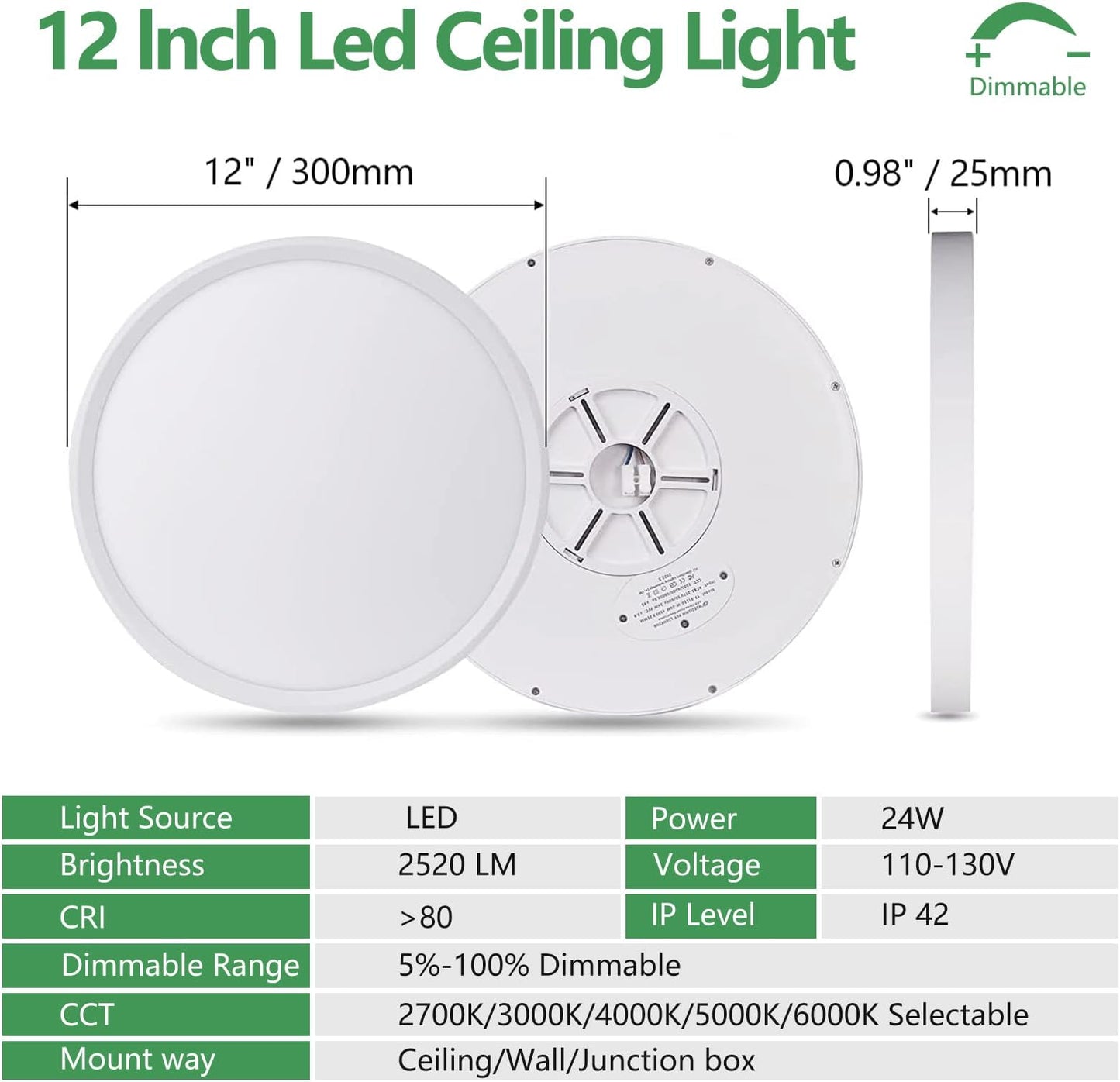 Vrbgify 6 Pack 12 Inch LED Flush Mount Ceiling Light 24W 2520 Lumens CCT Selectable 2700K to 6000K Dimmable Slim Round Panel for Ceiling
