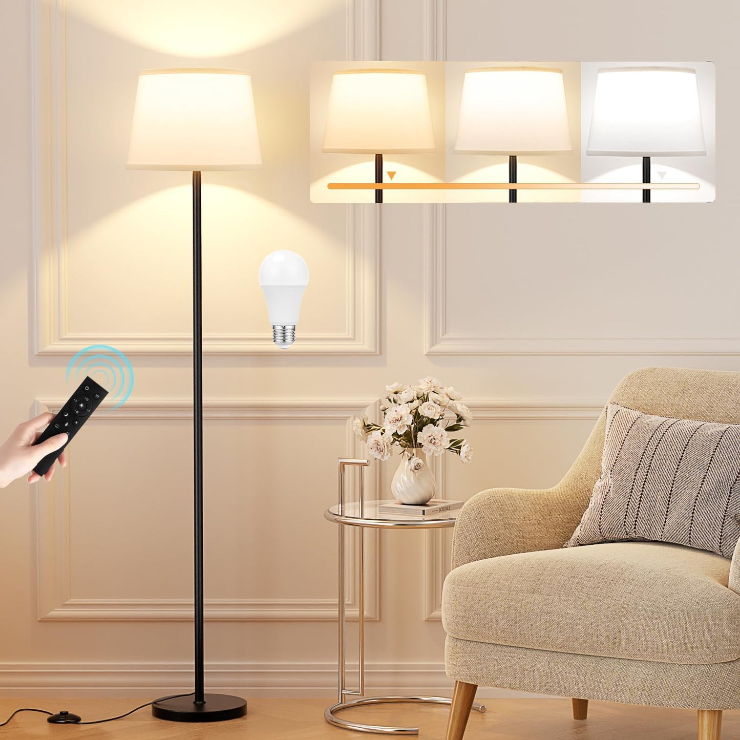 Vrbgify 1 Piece Black Modern Floor Lamp Adjustable 10 to 100 Percent Brightness Remote Control Foot Switch LED Bulb 3000K to 6000K Easy Assembly