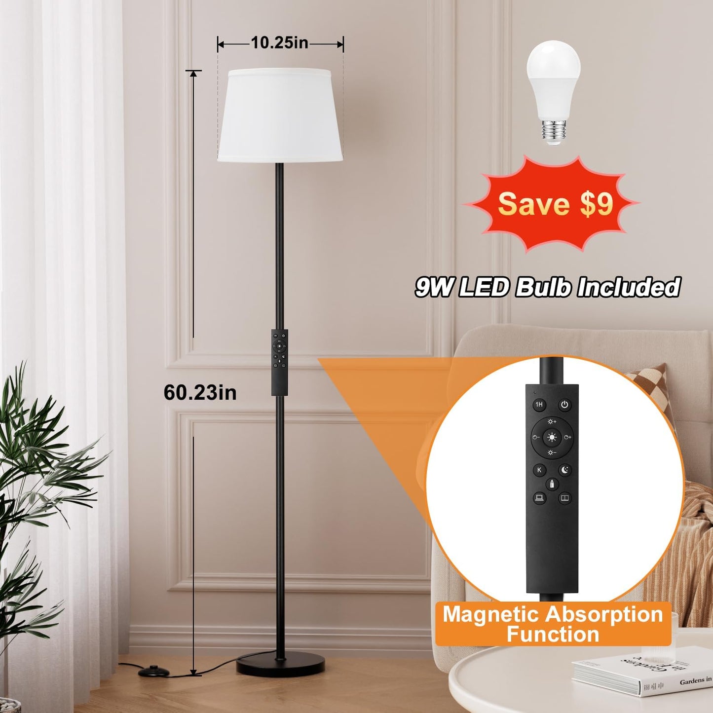 Vrbgify 1 Piece Black Modern Floor Lamp Adjustable 10 to 100 Percent Brightness Remote Control Foot Switch LED Bulb 3000K to 6000K Easy Assembly