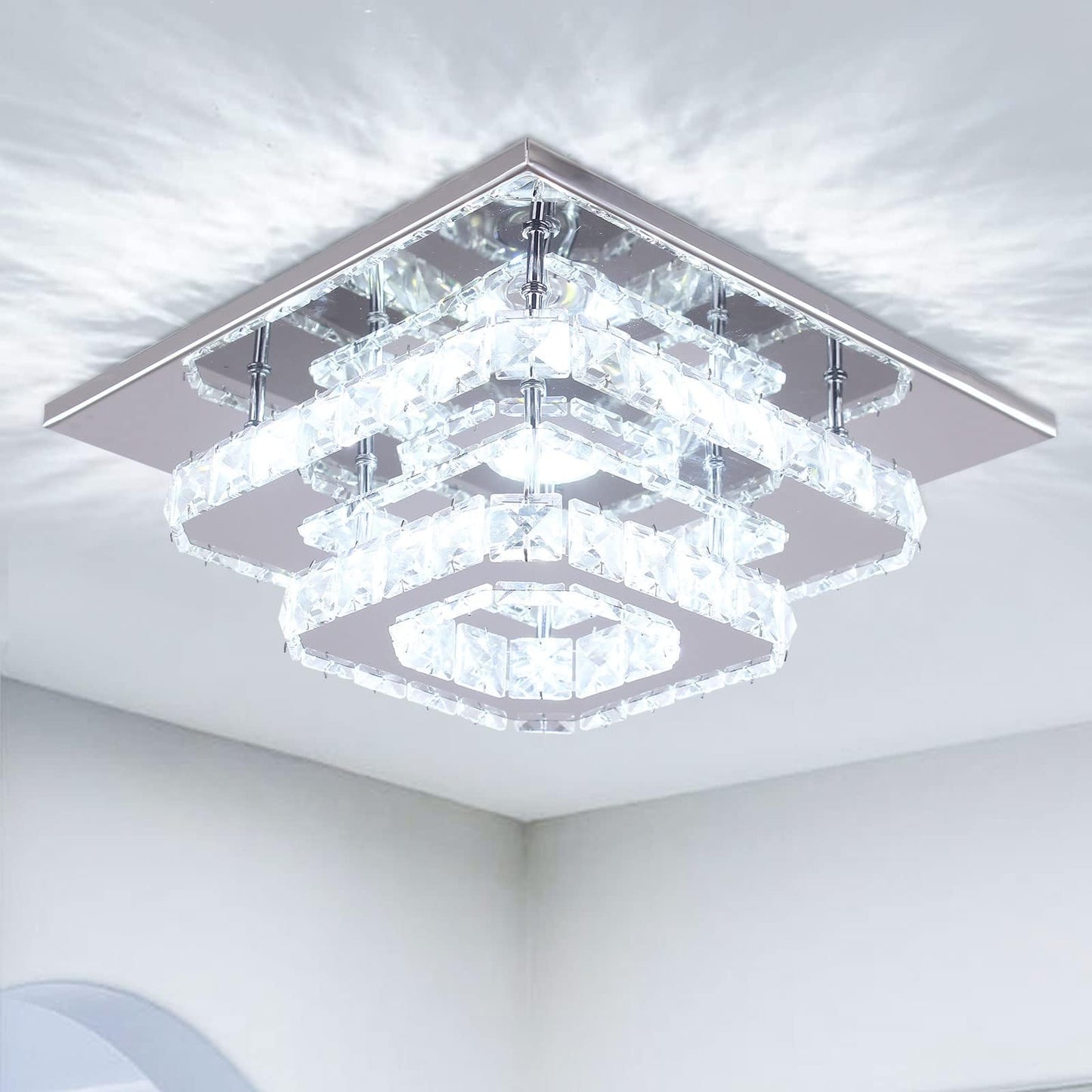 Vrbgify 2 Layer LED Crystal Ceiling Light 30W 110V Flush Mount Fixture Cool White 4500K to 6000K 9.8 Inch Canopy for Hallway Kitchen Bathroom 1 Piece