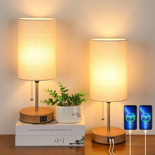 Vrbgify Set of 2 Table Lamps with Dual USB Ports Cream Fabric Shade Oak Metal Base Pull Chain Modern Bedside Desk Lamp for Bedroom Office