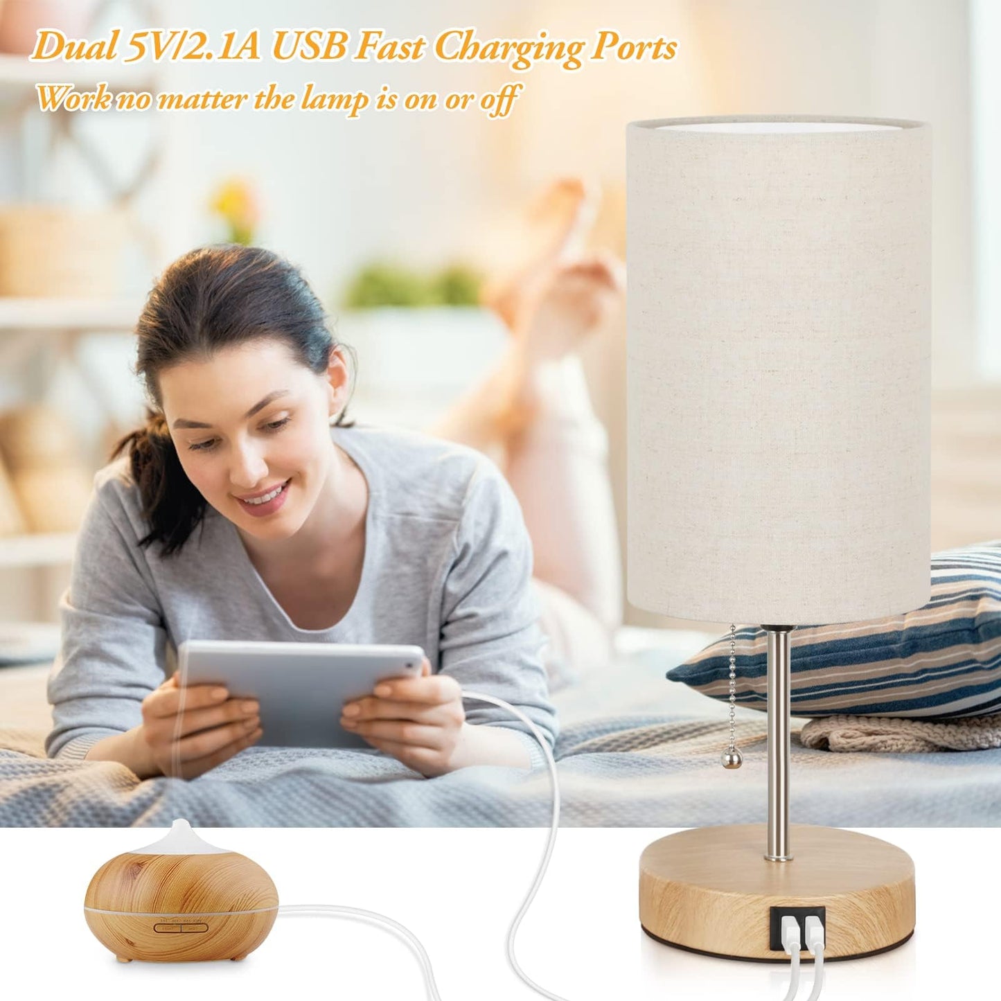 Vrbgify Set of 2 Table Lamps with Dual USB Ports Cream Fabric Shade Oak Metal Base Pull Chain Modern Bedside Desk Lamp for Bedroom Office