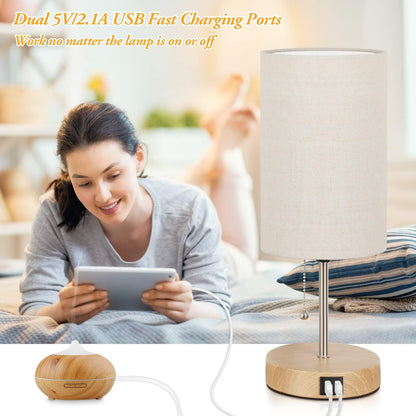 Vrbgify Set of 2 Table Lamps with Dual USB Ports Cream Fabric Shade Oak Metal Base Pull Chain Modern Bedside Desk Lamp for Bedroom Office