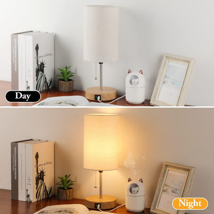 Vrbgify Set of 2 Table Lamps with Dual USB Ports Cream Fabric Shade Oak Metal Base Pull Chain Modern Bedside Desk Lamp for Bedroom Office