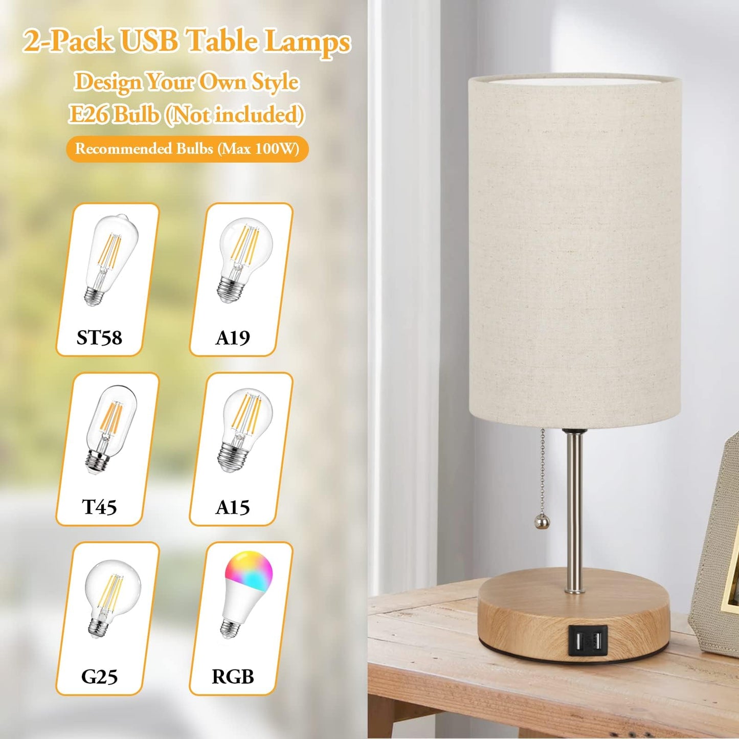 Vrbgify Set of 2 Table Lamps with Dual USB Ports Cream Fabric Shade Oak Metal Base Pull Chain Modern Bedside Desk Lamp for Bedroom Office