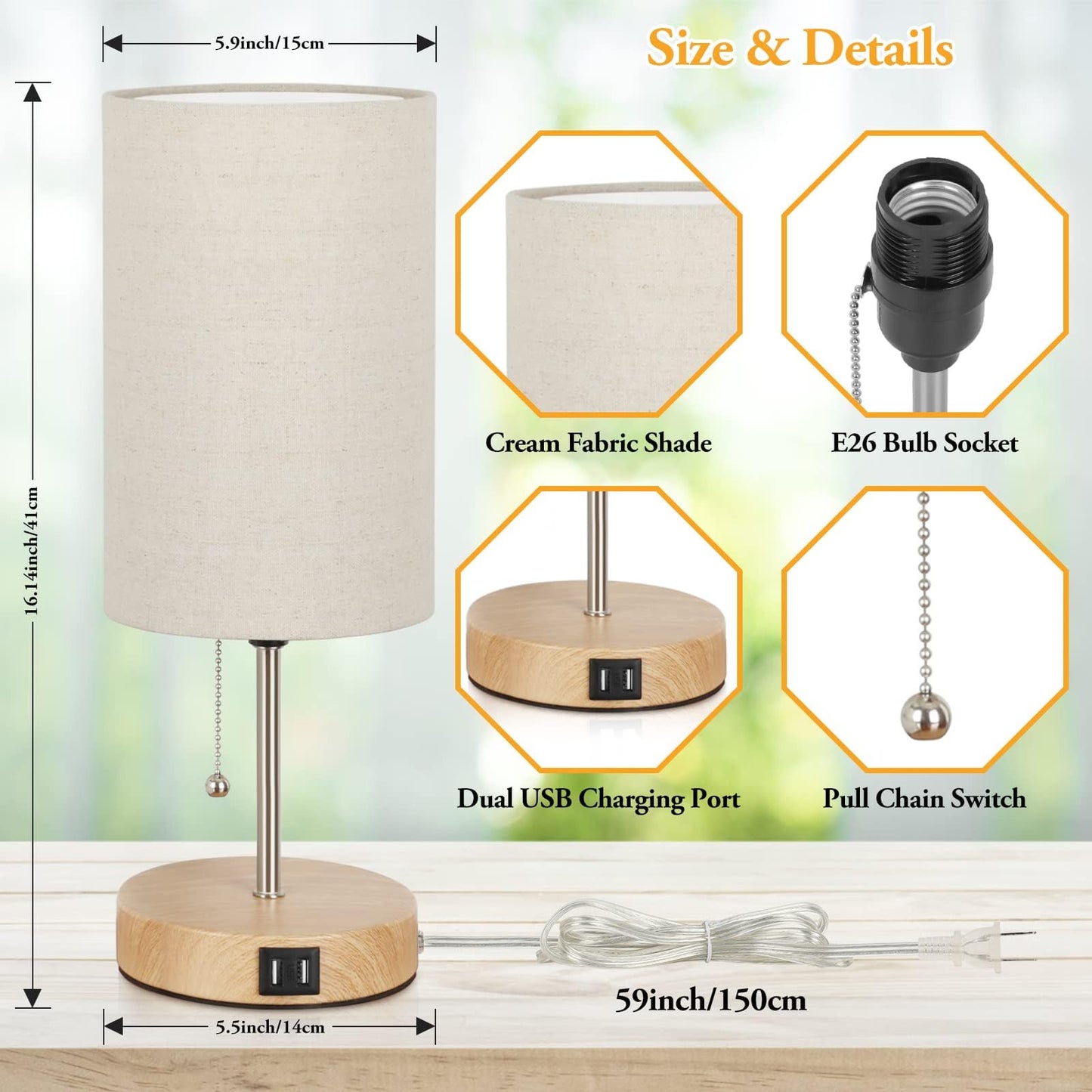 Vrbgify Set of 2 Table Lamps with Dual USB Ports Cream Fabric Shade Oak Metal Base Pull Chain Modern Bedside Desk Lamp for Bedroom Office