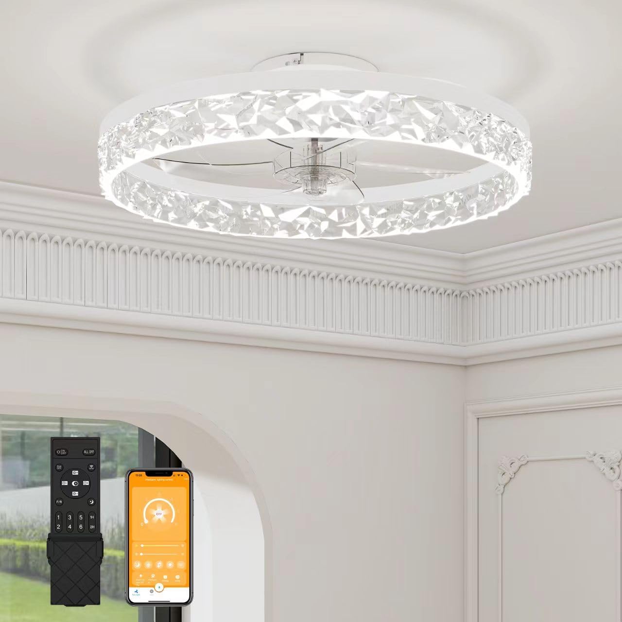 Vrbgify 19.7 Inch Low Profile Ceiling Fan with Dimmable LED Light Remote and App Control 6 Speed Quiet Flush Mount for Bedroom White 1 Piece