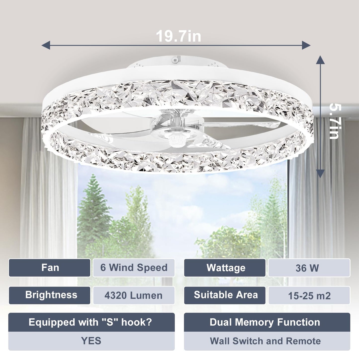 Vrbgify 19.7 Inch Low Profile Ceiling Fan with Dimmable LED Light Remote and App Control 6 Speed Quiet Flush Mount for Bedroom White 1 Piece
