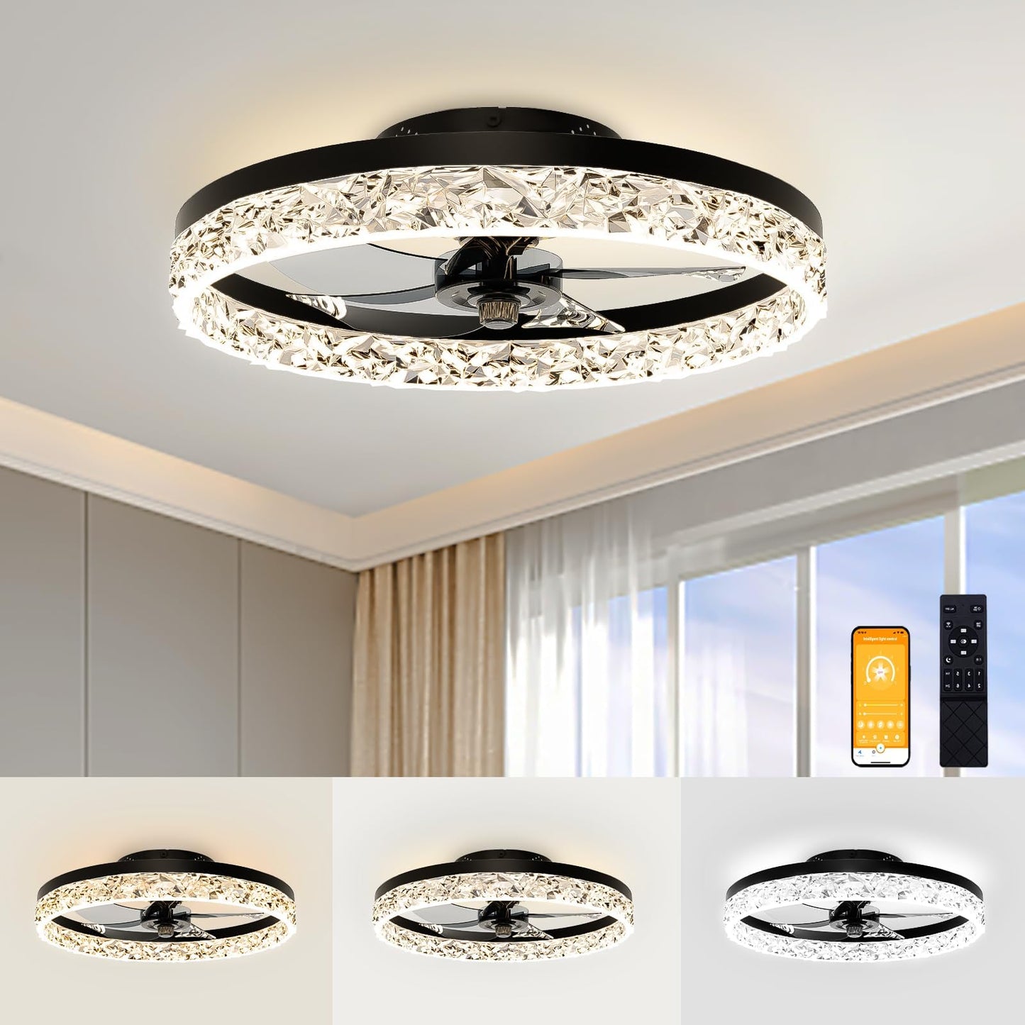 Vrbgify 19.7 Inch Low Profile Ceiling Fan with Dimmable LED Light Remote and App Control 6 Speed Quiet Flush Mount for Bedroom White 1 Piece