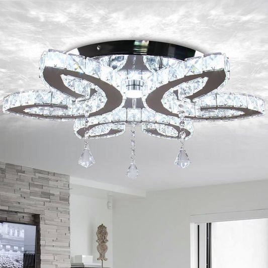Vrbgify 20.4 Inch Crystal Ceiling Light Fixture Modern LED Flush Mount with 3 Pendant and Leaf Design Cool White 48W for Bedroom Living Room 1 Piece