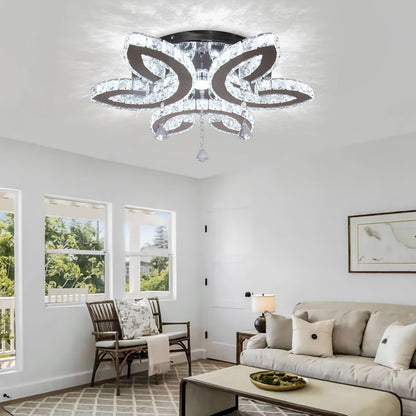Vrbgify 20.4 Inch Crystal Ceiling Light Fixture Modern LED Flush Mount with 3 Pendant and Leaf Design Cool White 48W for Bedroom Living Room 1 Piece
