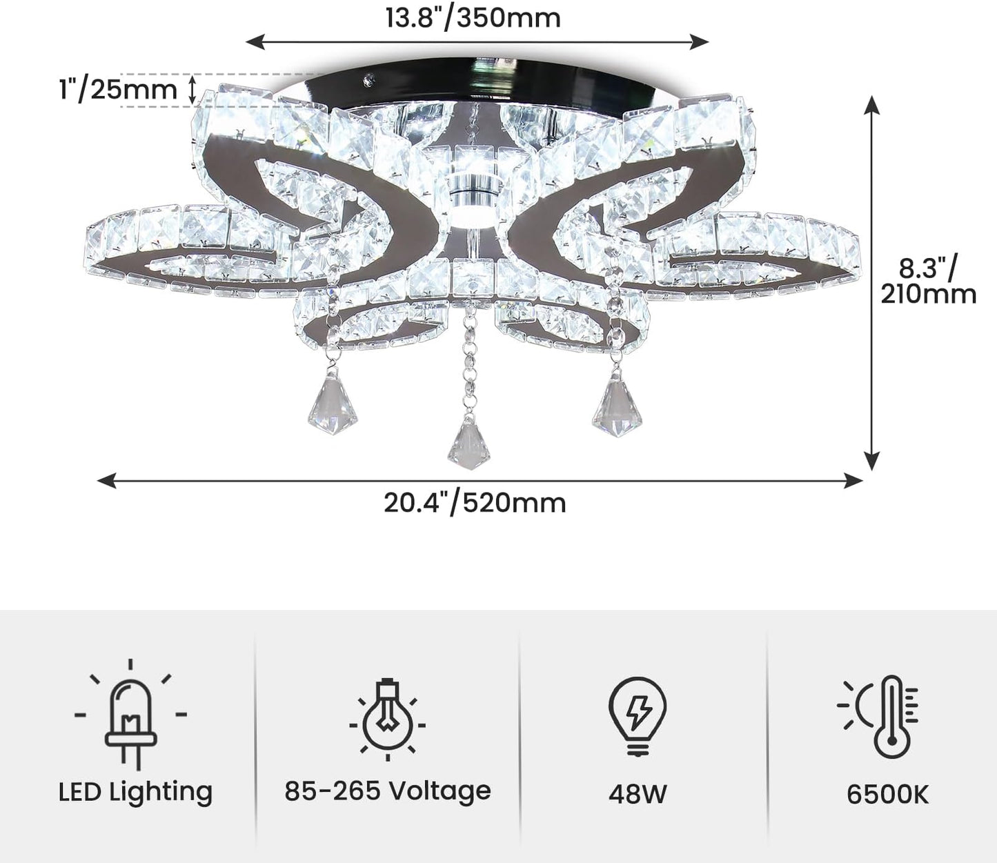 Vrbgify 20.4 Inch Crystal Ceiling Light Fixture Modern LED Flush Mount with 3 Pendant and Leaf Design Cool White 48W for Bedroom Living Room 1 Piece
