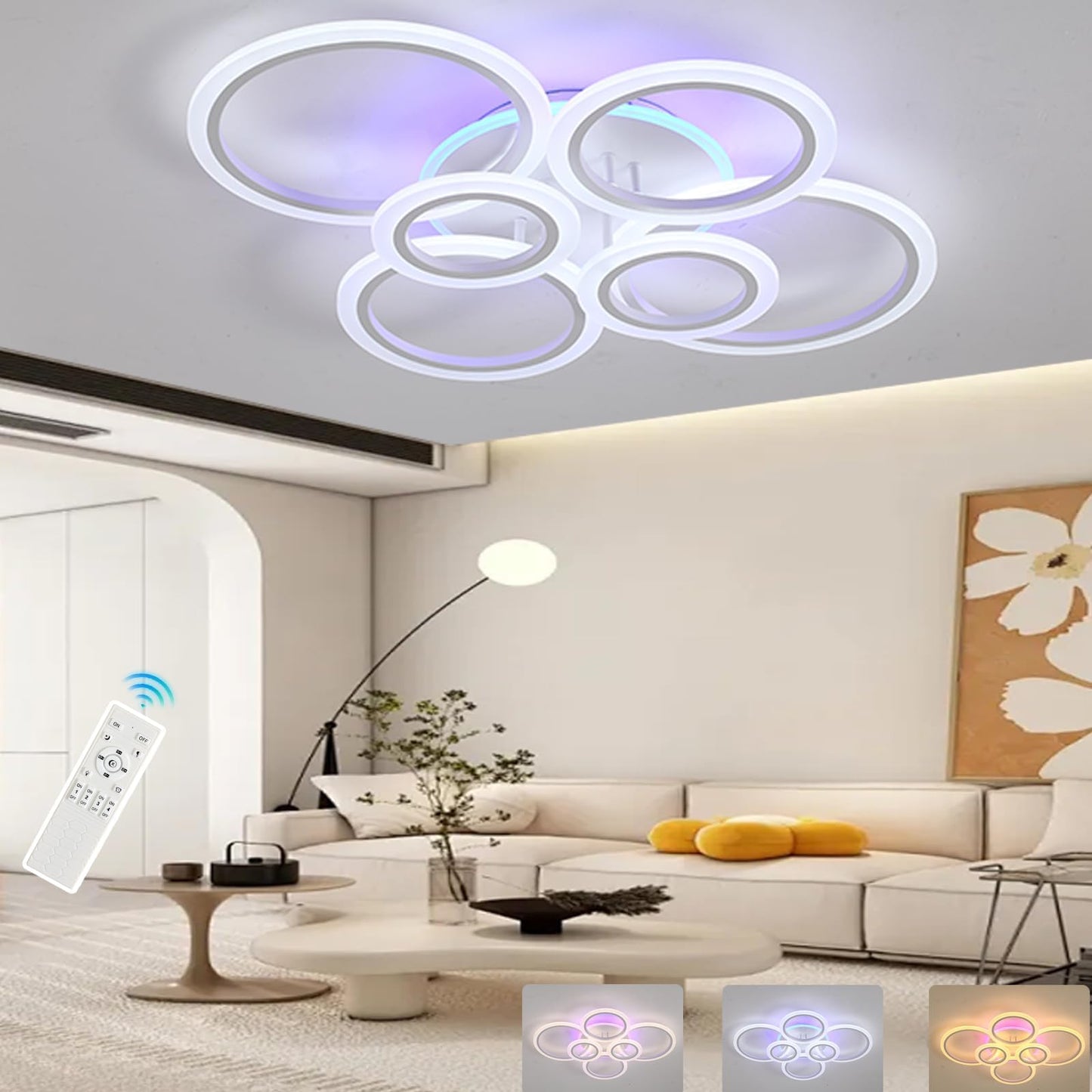 Vrbgify 70W LED Flush Mount Ceiling Light 6 Rings 29.5 in x 21.7 in x 6.3 in Dimmable 3000K to 6000K Remote Control Memory for Bedroom Kitchen 1 Piece