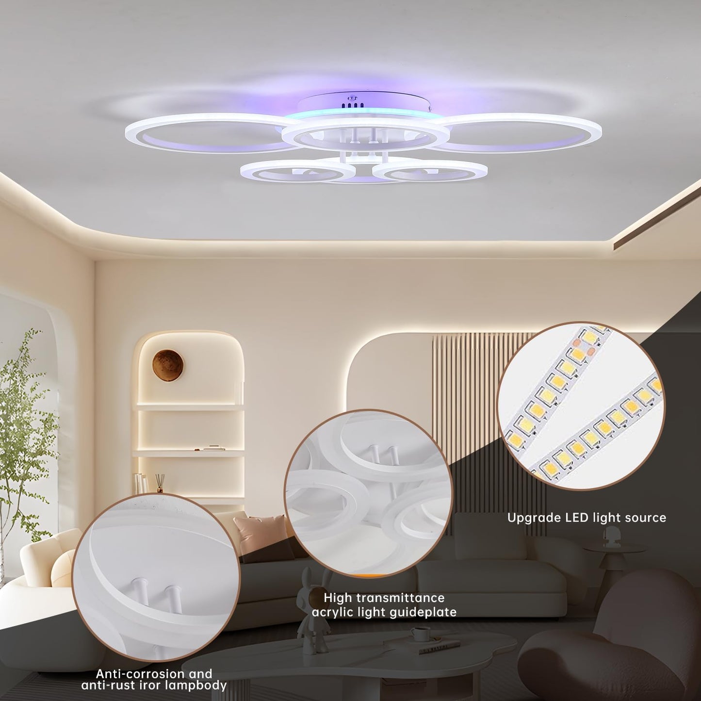 Vrbgify 70W LED Flush Mount Ceiling Light 6 Rings 29.5 in x 21.7 in x 6.3 in Dimmable 3000K to 6000K Remote Control Memory for Bedroom Kitchen 1 Piece