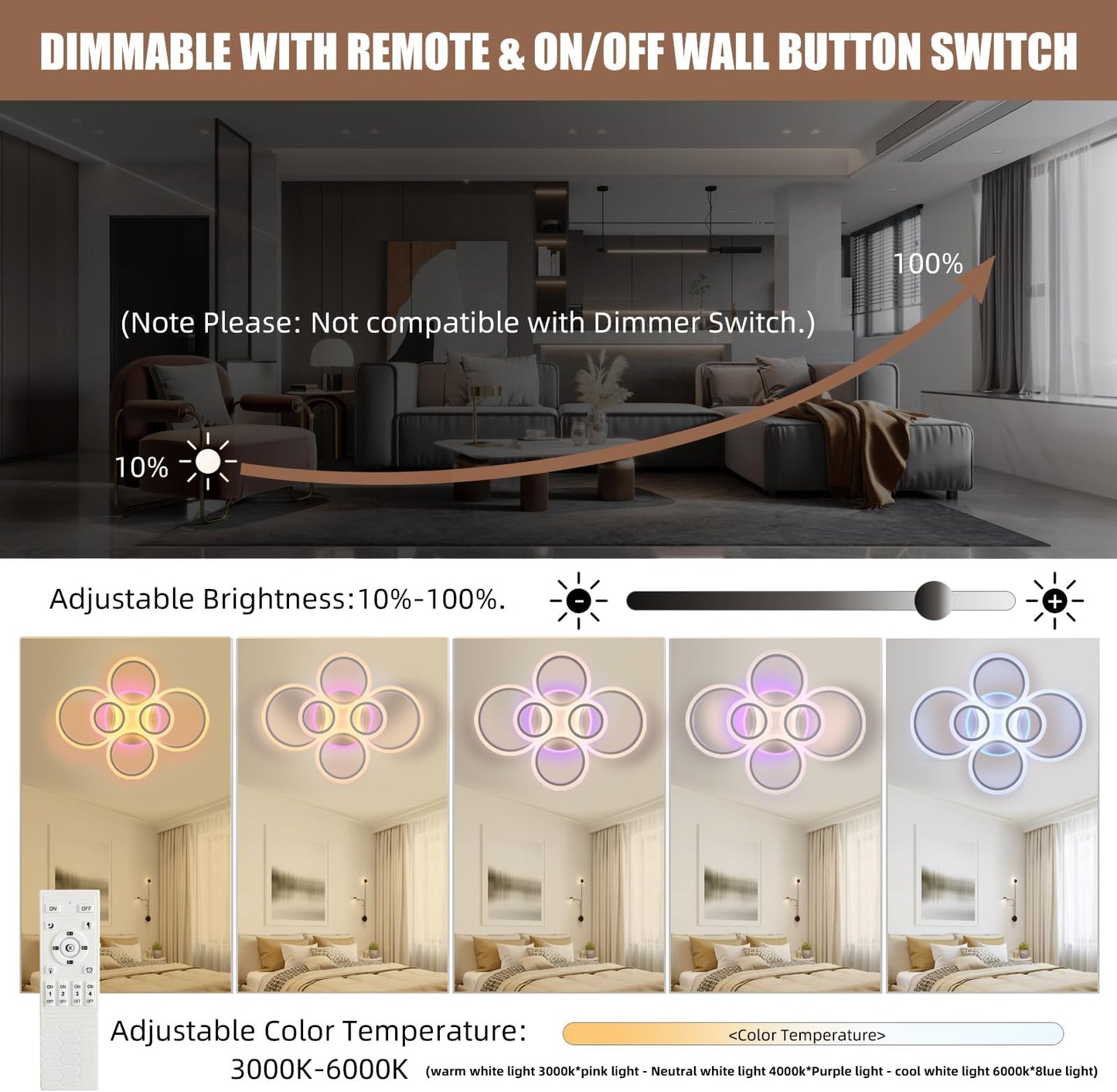 Vrbgify 70W LED Flush Mount Ceiling Light 6 Rings 29.5 in x 21.7 in x 6.3 in Dimmable 3000K to 6000K Remote Control Memory for Bedroom Kitchen 1 Piece