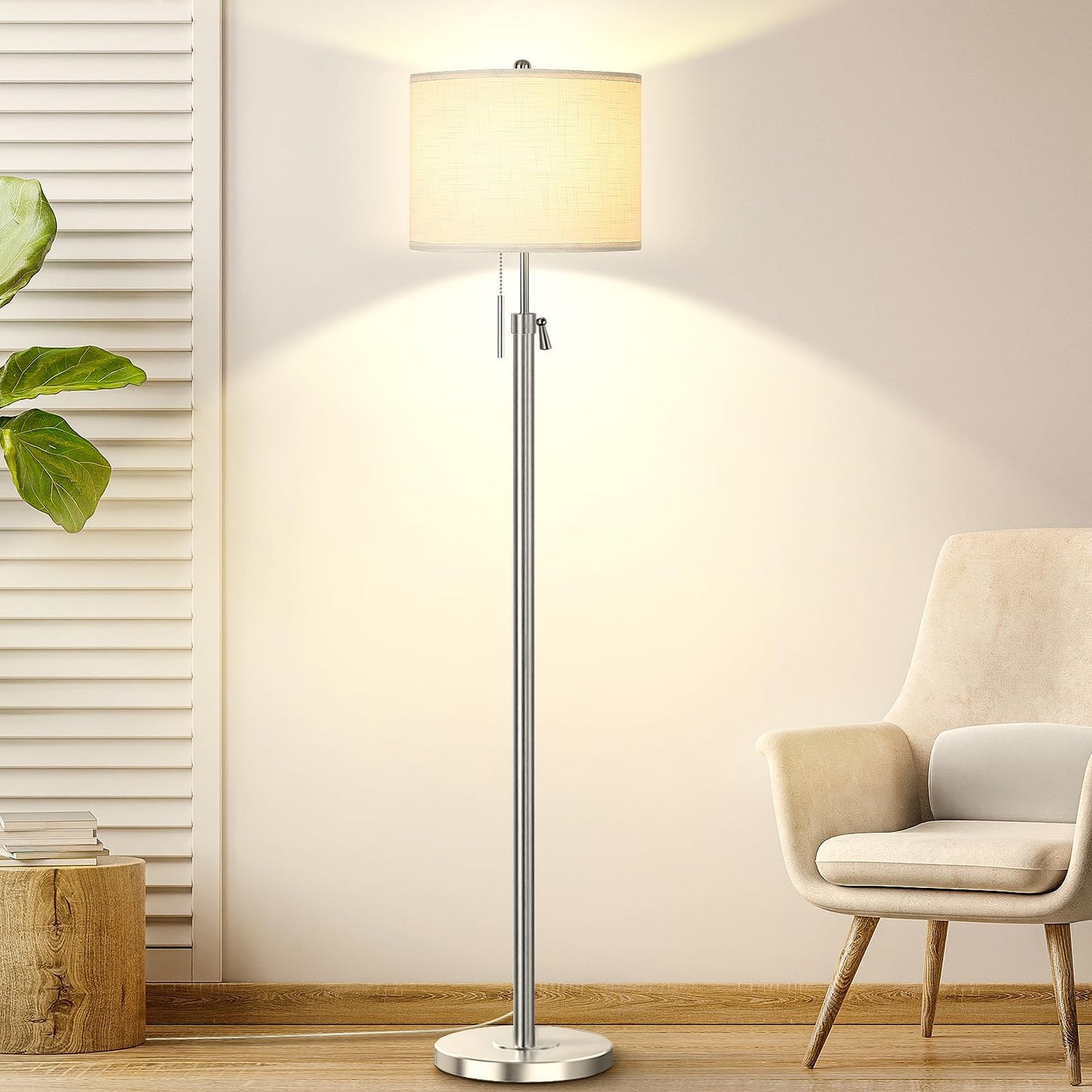Vrbgify Adjustable Height Floor Lamp 54 to 66 Inch Silver Metal Base White Linen Shade 3 Way Dimmable Pull Chain 6W LED Bulb 1 Piece