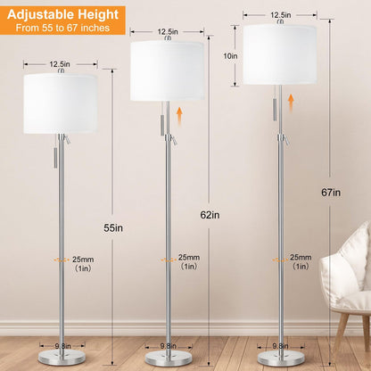 Vrbgify Adjustable Height Floor Lamp 54 to 66 Inch Silver Metal Base White Linen Shade 3 Way Dimmable Pull Chain 6W LED Bulb 1 Piece