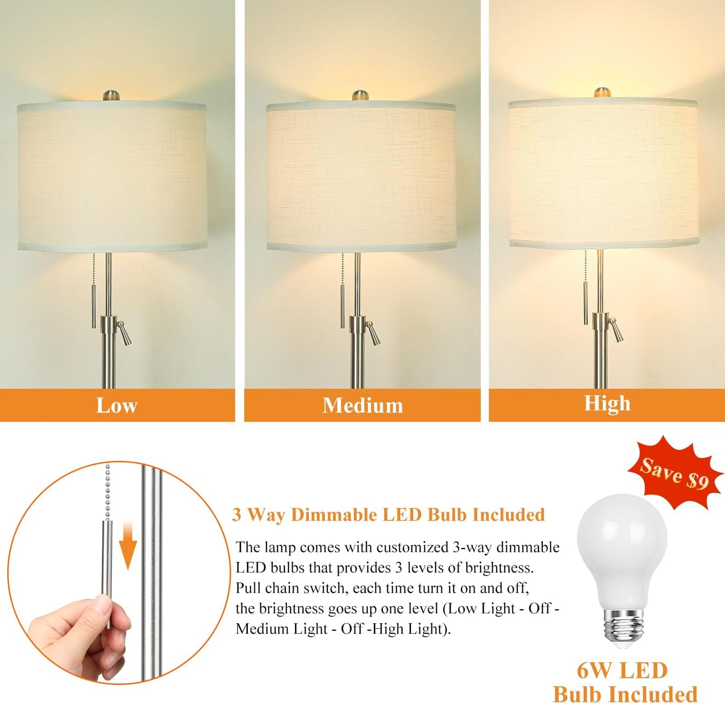Vrbgify Adjustable Height Floor Lamp 54 to 66 Inch Silver Metal Base White Linen Shade 3 Way Dimmable Pull Chain 6W LED Bulb 1 Piece