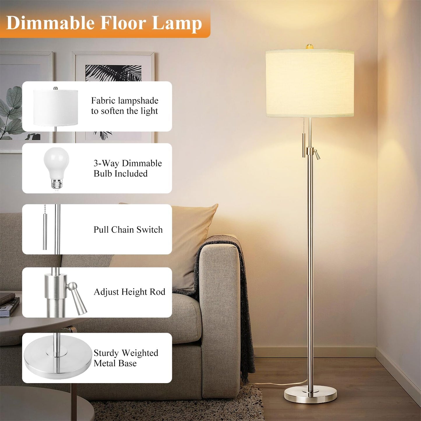 Vrbgify Adjustable Height Floor Lamp 54 to 66 Inch Silver Metal Base White Linen Shade 3 Way Dimmable Pull Chain 6W LED Bulb 1 Piece