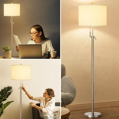 Vrbgify Adjustable Height Floor Lamp 54 to 66 Inch Silver Metal Base White Linen Shade 3 Way Dimmable Pull Chain 6W LED Bulb 1 Piece