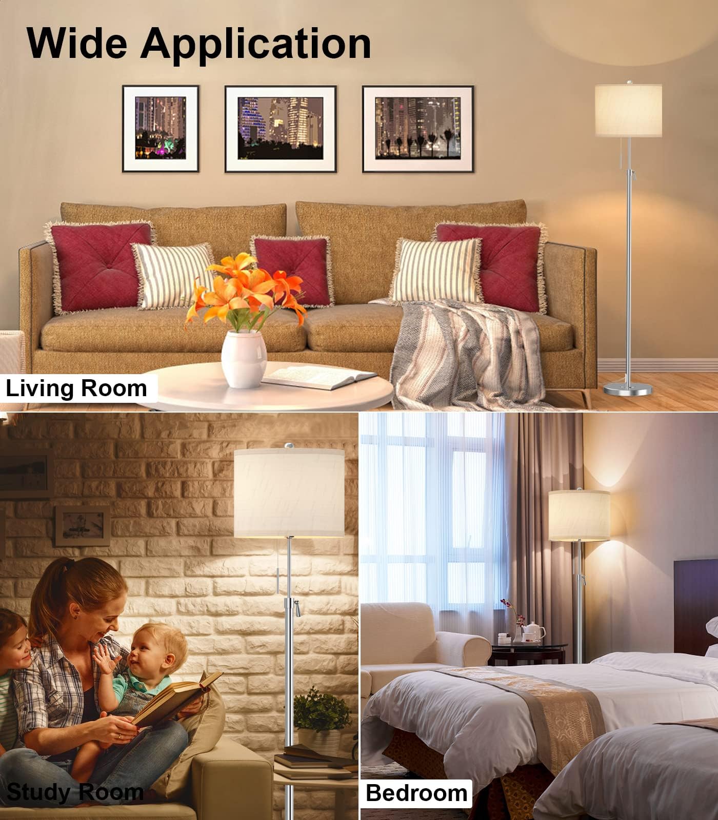 Vrbgify Adjustable Height Floor Lamp 54 to 66 Inch Silver Metal Base White Linen Shade 3 Way Dimmable Pull Chain 6W LED Bulb 1 Piece